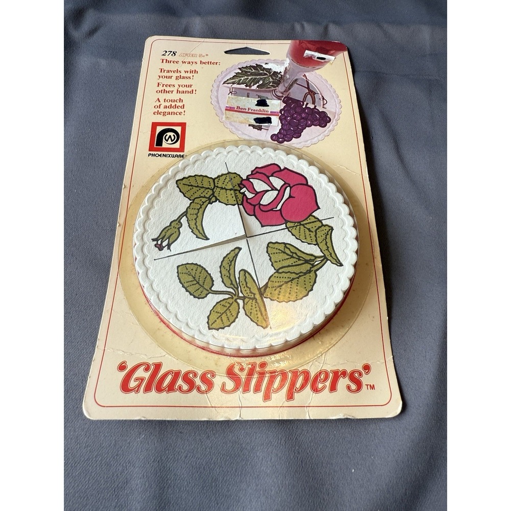 Vtg 1984 Phoenixware Wine GLASS SLIPPERS Roses Cover Holder Coaster Cottage Core